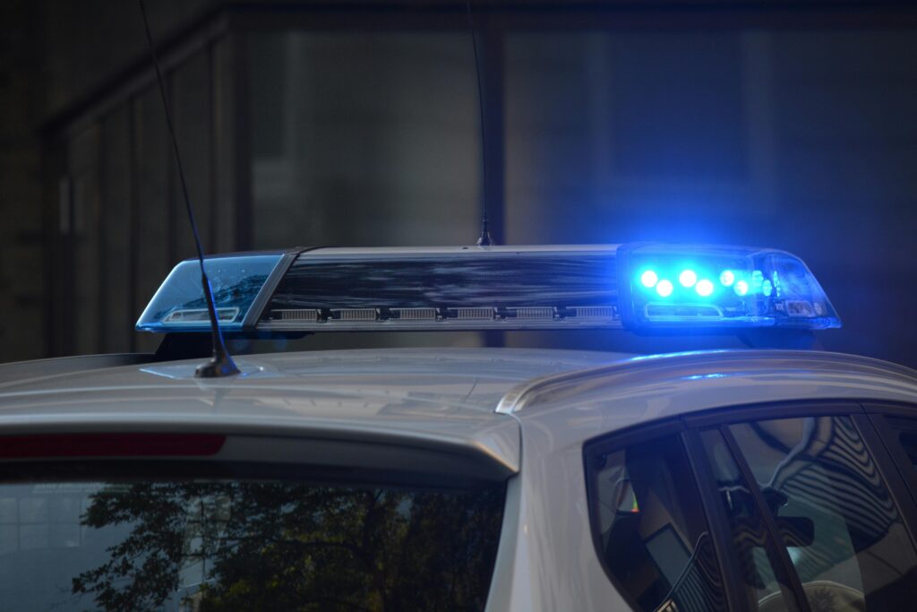 Top of police car with lights on.