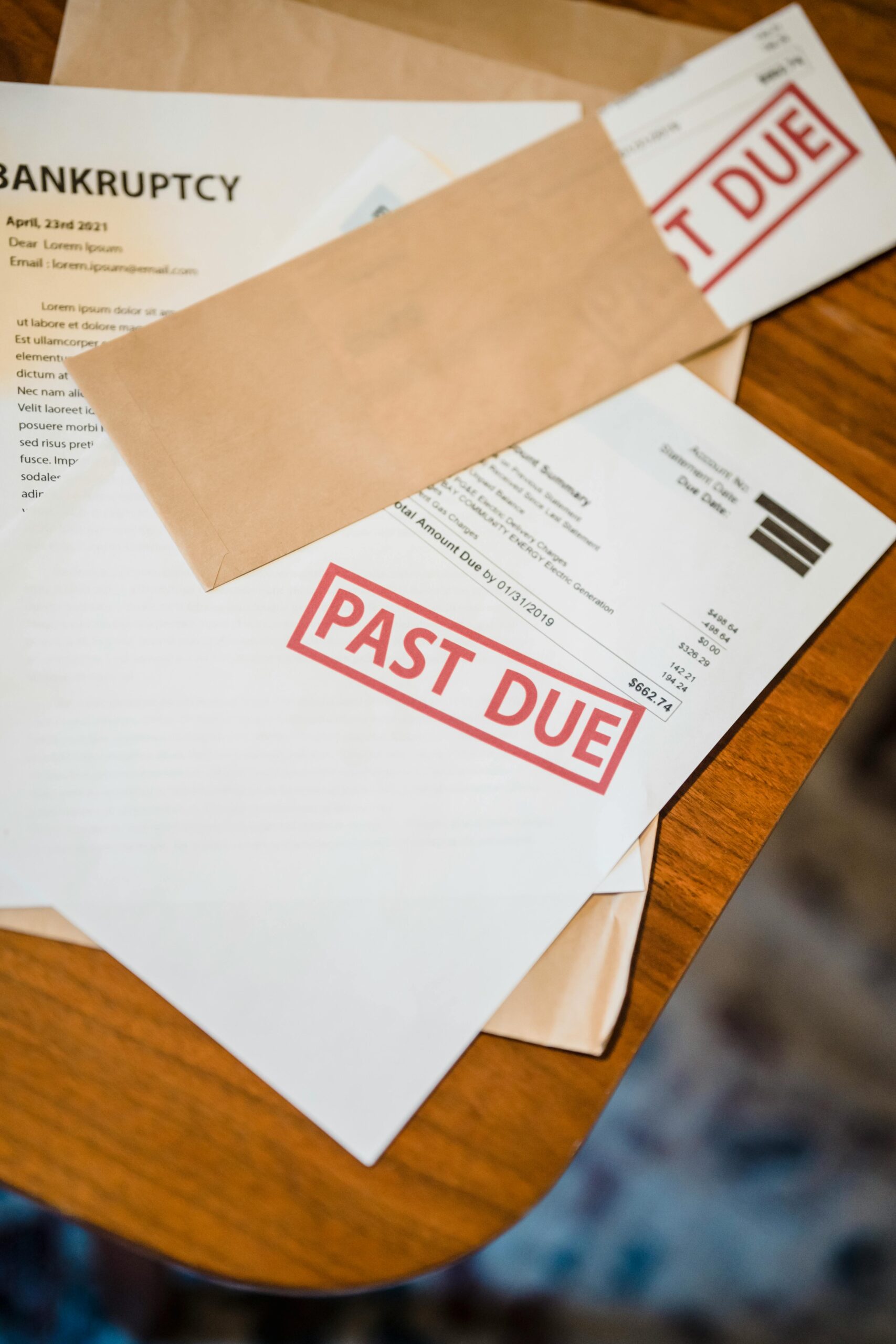 Past due notices and envelopes.
